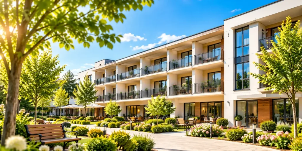 Modernes Pflegeheim mit großzügiger Gartenanlage und sonniger Terrasse – komfortables Wohnen und professionelle Seniorenbetreuung