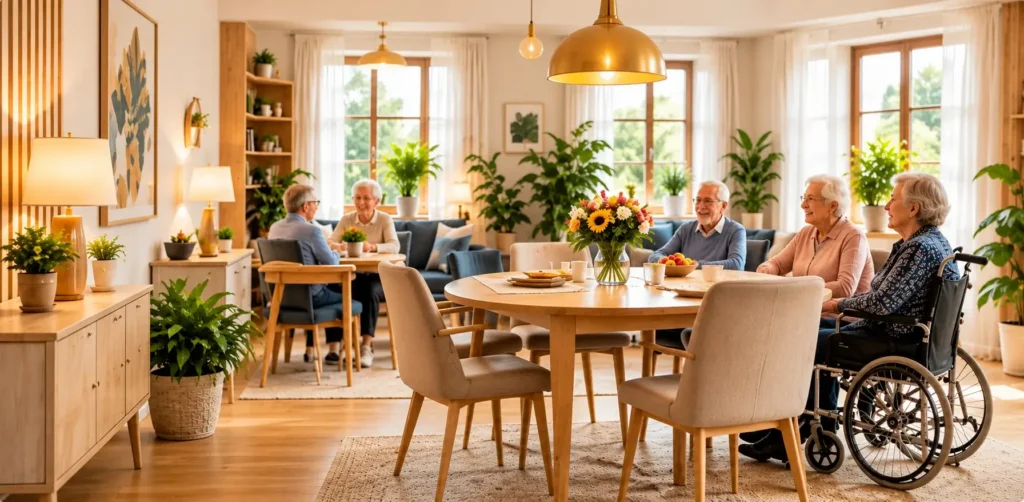 Gemütlicher Gemeinschaftsraum einer Pflege-WG mit Senioren beim gemeinsamen Kaffeetrinken – barrierefreies Wohnen und Gemeinschaft im Alter