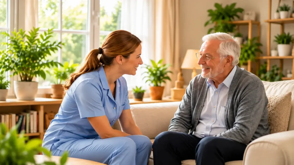 Freundliche Pflegekraft im Gespräch mit einem lächelnden Senior zu Hause – persönliche Betreuung und individuelle ambulante Pflege im Alter